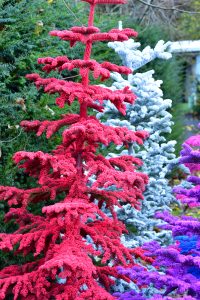 flocked red christmas trees